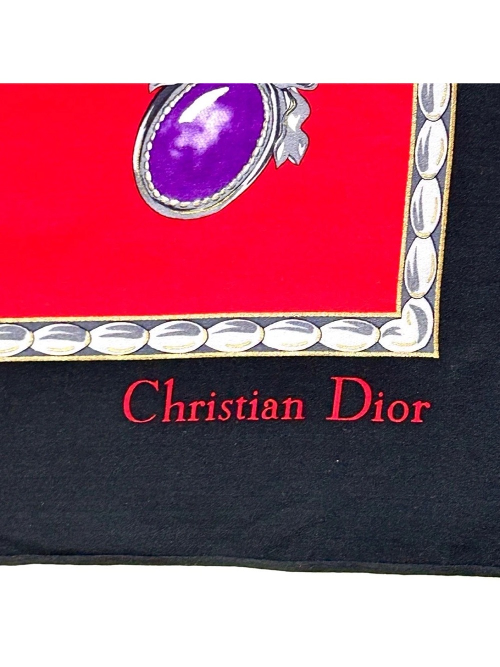 Christian Dior Red & Black Jeweled Print Silk Scarf - Picture 3 of 10